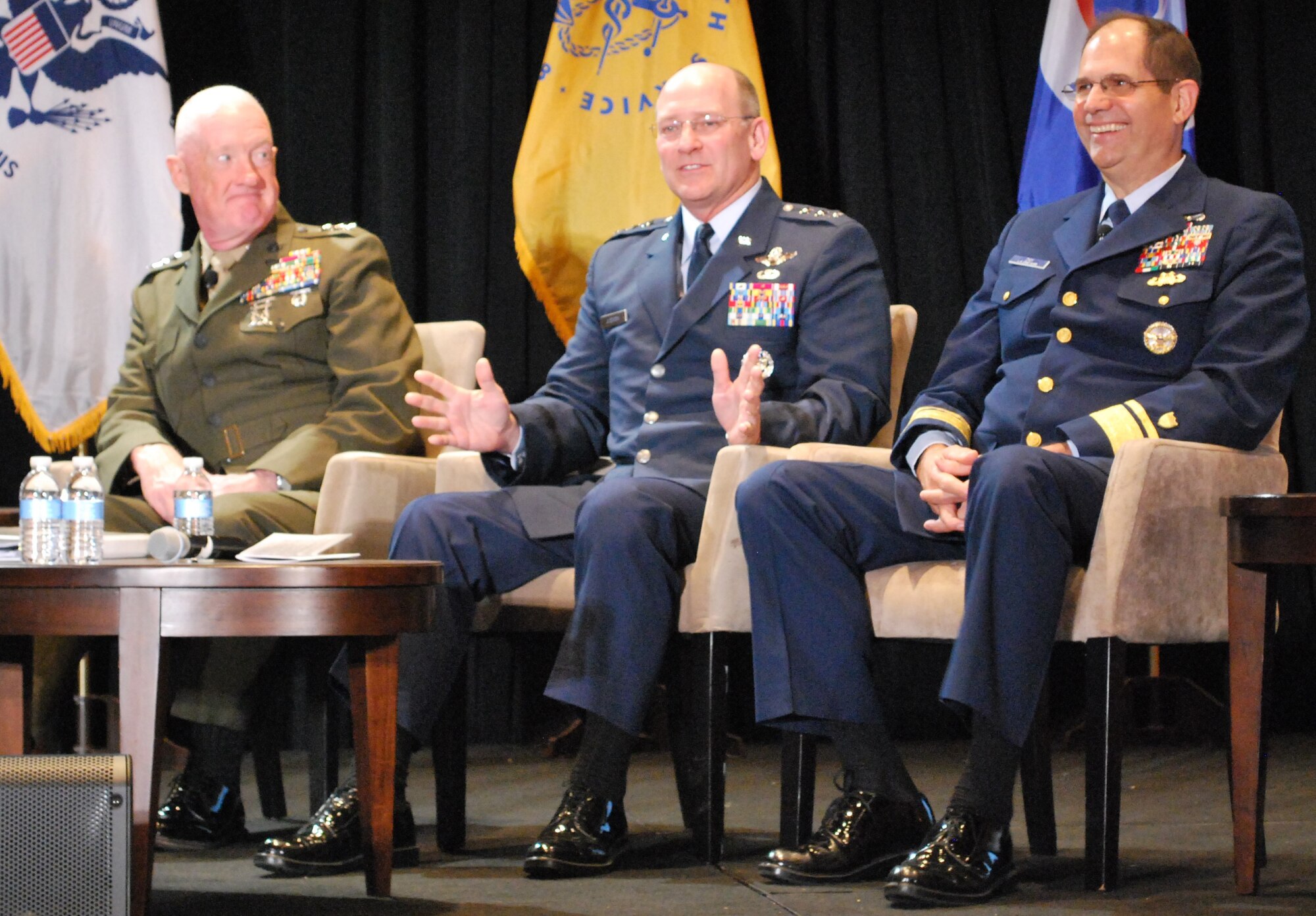 During the Reserve Officers Association 2013 National Security Symposium, Reserve and National Guard chiefs of the Army, Navy, Marine, Air Force and Coast Guard addressed the future of the Reserve Components.  From the left: Lt. Gen. Richard P. Mills, commander, Marine Forces Reserve; Lt. Gen. James F. Jackson, chief of Air Force Reserve; and Rear Adm. Steven Day, acting director of Reserve and Military Personnel, U.S. Coast Guard Reserve; discuss the future budgets and roles for the Reserve Components.  More than 300 attended the 4-day event at the Marriott Wardman Park Hotel in Washington, D.C., Aug. 7-10. (U.S. Air Force photo/Col. Bob Thompson)