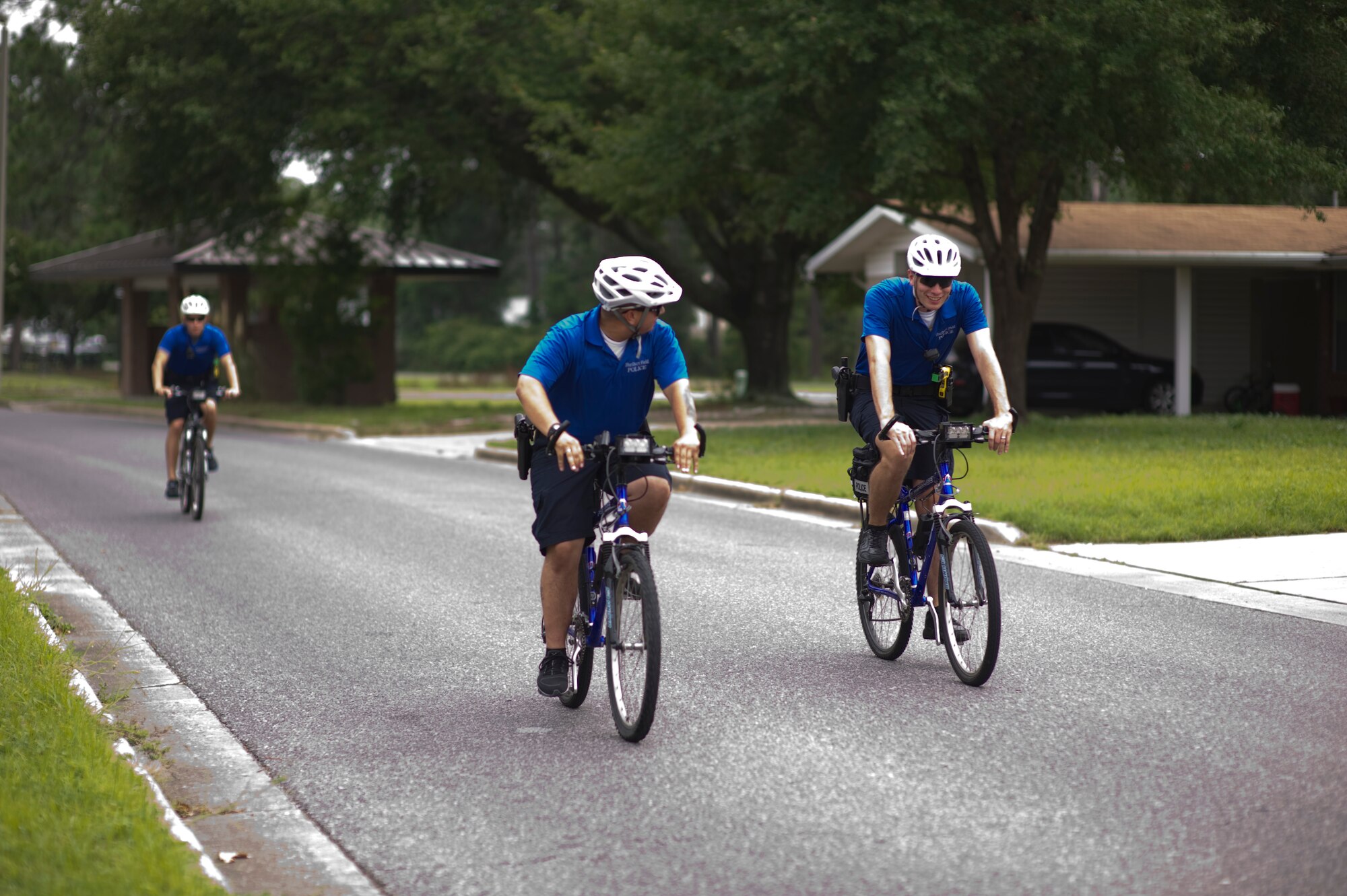 The 1st Special Operations Security Forces Squadron bike patrol ride through base housing July 24, 2013. The 1st SOSFS use the bike patrol as a way to increase their presence in the housing areas on base.
(U.S. Air Force Photo/ Staff Sgt. John Bainter)
