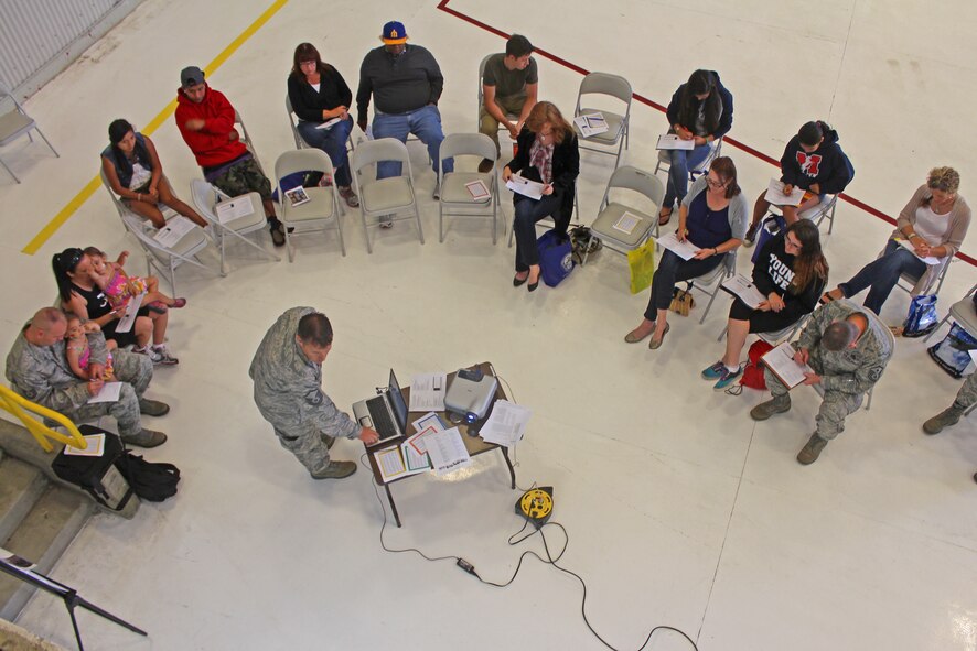 Master Sgt. James Briggs, 446th Airlift Wing Equal Opportunity Advisor, leads a briefing on personality types at the wing's first Reserve Family Symposium at Hangar 9 on McChord Field, Wash., Aug. 10. There were more than 50 airmen volunteering at the event. (U.S. Air Force Reserve Photo/Staff Sgt. Rachael Garneau)