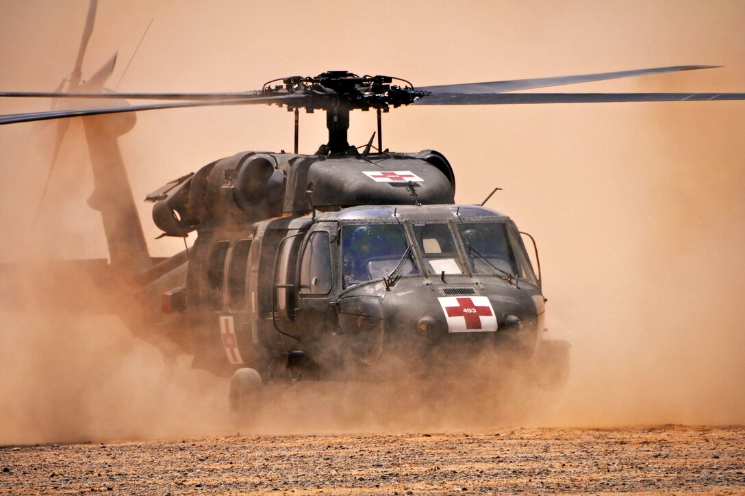 A UH-60 Black Hawk helicopter lands as part of a demonstration for Italian army Lt. Gen. Giorgio Battisti, chief of staff for the International Security Assistance Force, during his visit to Forward Operating Base Farah, Afghanistan, Aug. 8, 2013. The crew is assigned to Company C, 1st Squadron, 168th General Support Aviation Battalion.