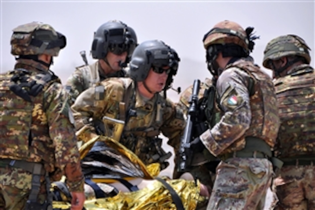 U.S. soldiers, center, gather information from Italian soldiers about a simulated casualty during a route clearance patrol and medical evacuation demonstration for International Security Assistance Force Chief of Staff Lt. Gen. Giorgio Battisti’s visit to Forward Operating Base Farah, Afghanistan, Aug. 8, 2013. The soldiers, flight medical personnel, are assigned to Company C, 1st Squadron, 168th General Support Aviation Battalion. 