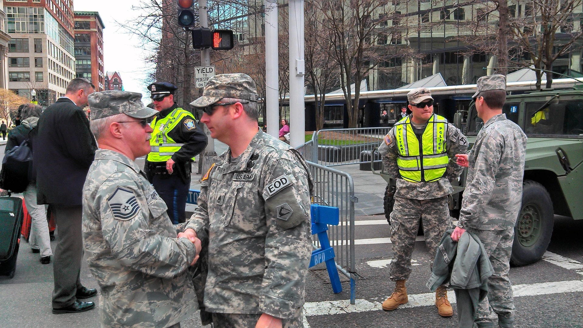 Chaplains and chaplain’s assistants with the Massachusetts National Guard talk with Soldiers from the Massachusetts Army National Guard in the wake of the explosions at the finish line of the Boston Marathon. Chaplains with the Massachusetts Guard provided spiritual support to those who have responded to the events in Boston.