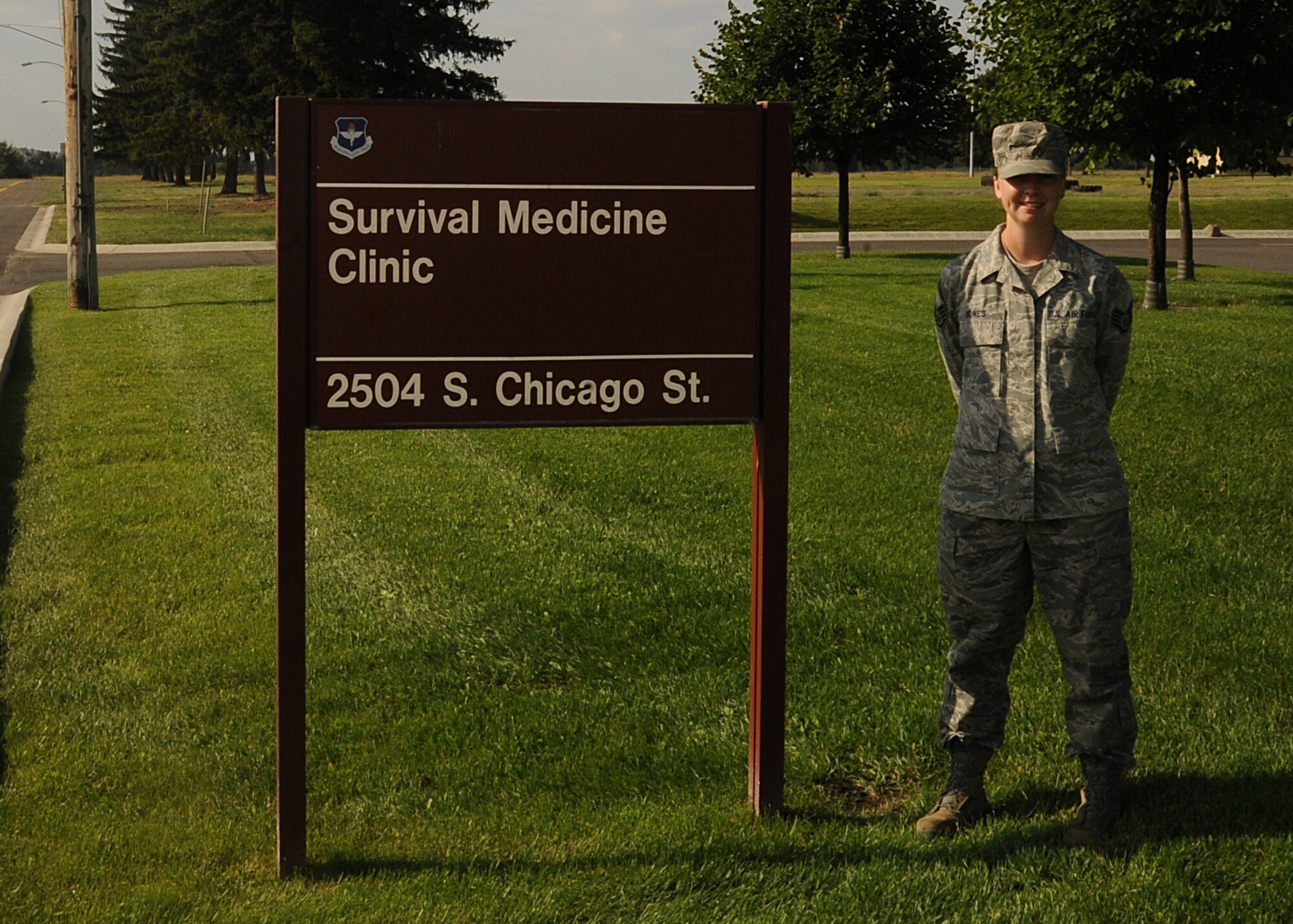 Staff Sgt. JoReen Jones, 336th Training Support Squadron Survival Evasion Resistance and Escape psychology services technician, poses for a photo outside of the SERE medical clinic at Fairchild Air Force Base, Wash., Aug. 13, 2013.  Jones has been selected as Fairchild's Finest.  (U.S. Air Force photo by Airman 1st Class Sam Fogleman/Released)