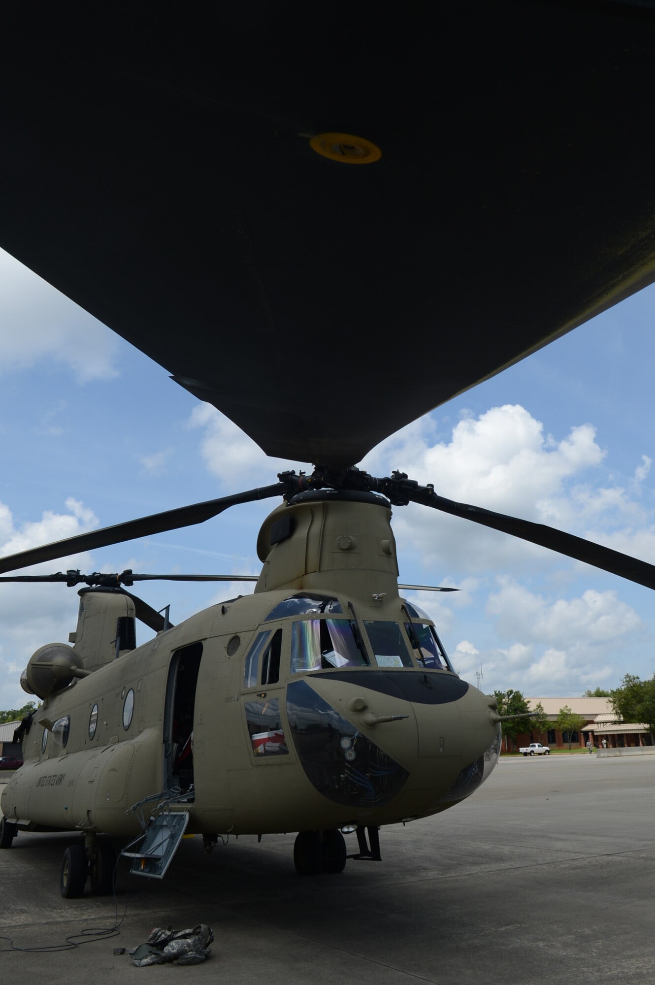 An Army Boeing CH-47F Chinook sits on the flightline at Shaw Air Force Base, S.C., Aug. 9, 2013. The Chinook has two rotor systems, each equipped with three rotors creating lift for the helicopter. (U.S. Air Force photo by Airman 1st Class Jonathan Bass/Released)