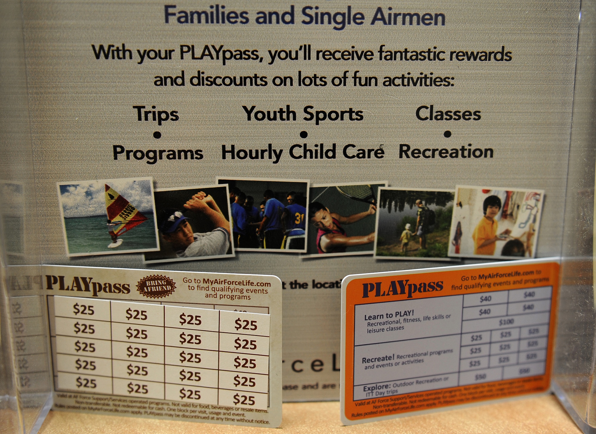 The 633rd Force Support Squadron offers Airmen and their families the opportunity to enjoy benefits of activities at minimal or no cost through the PLAYpass program at Langley Air Force Base, Va. For families to be eligible for the card, the Service member must be on official orders for deployment, temporary duty assignment lasting more than 30 days or a 365-day dependent-restricted permanent change of station. (U.S. Air Force photo by Airman1st Class Kimberly Nagle/Released)