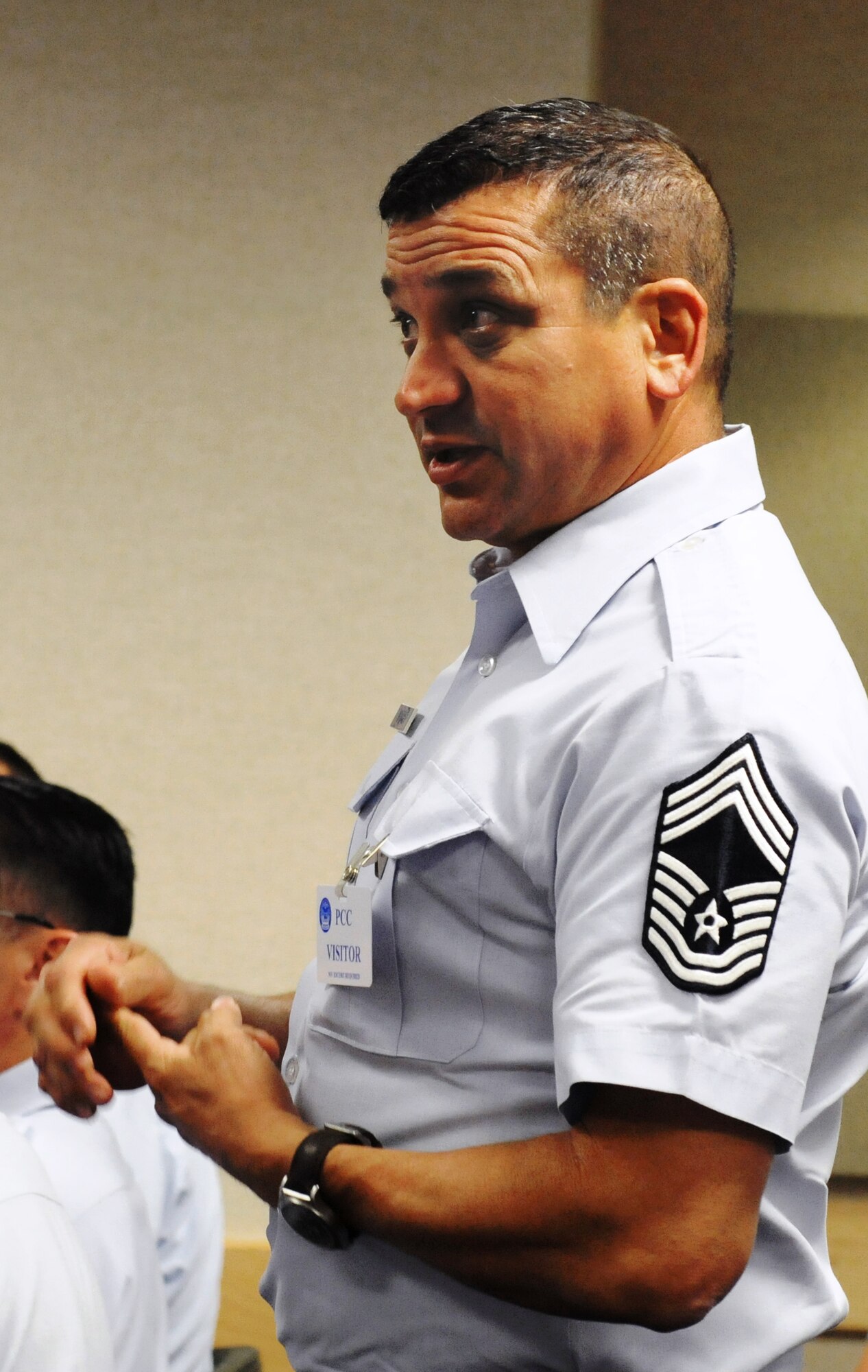 Attendees of the Chiefs Executive Course pose questions to Lt. Gen. Stanley E. Clarke III, the director of the Air National Guard about the future of the Air National Guard, furloughs and Total Force Integration at the Pentagon in Arlington, Va., 13 August 2013. (U.S. Air National Guard photo by Col Nahaku McFadden)