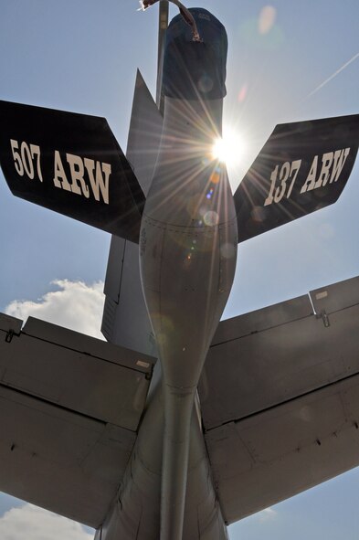 The Air Force Reserve’s 507th Air Refueling Wing and the Oklahoma Air National Guard’s 137th ARW air refueling boom tail flashes are painted unit symbols all KC-135 assigned here showing the partnership of the Reserve/Guard teams. (U.S. Air Force photo/Senior Airman Mark Hybers) 
