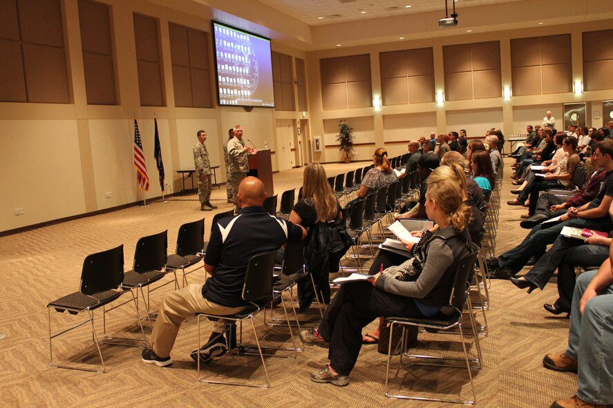 Col. Kenneth Klein, Air Reserve Personnel Center vice commander, welcomes and briefs the eighty-two Airmen who attended an Air Force Individual Ready Reserve muster screening at the Leadership Development Center Aug. 8, 2013, on Buckley Air Force Base, Colo. The muster screening program enhances readiness, boosts combat capability and streamlines reporting procedures in the event of a call-up of these trained, prior service personnel. (U.S. Air Force photo/Maj. Lennea Montandon)