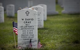 Tactical Air Control Party Airmen from the 13th Air Support Operations Squadron, Fort Carson, Colo., laid personal items on the headstone of Maj. David Gray, their fallen commander, who is laid to rest at Arlington National Cemetery, Aug. 8, 2013. Gray was killed in Afghanistan Aug. 8, 2012. The Airmen honored his memory by rucking more than 140-miles from Dover Air Force Base, Del. to Arlington National Cemetery to pay their respects at his gravesite. (U.S. Air Force photo/Senior Airman Lauren Main) 

