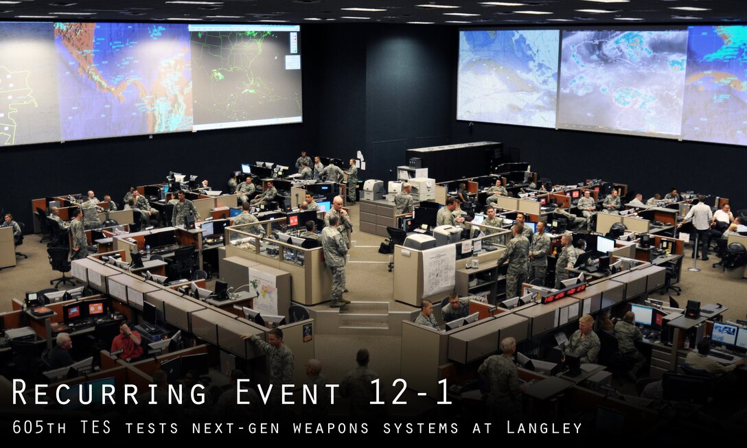 The Air Force's 605th Test and Evaluation Squadron conducted an elaborate hands-on evaluation of new software upgrades to the Air Force's AOC Weapons System during Recurring Event 12-1 at the Ryan Center's Combined Air and Space Operations Center-Experimental at Langley Air Force Base, Va., Aug. 5-9, 2013. The event put new and upgraded AOC-WS software elements through realistic simulations to determine the suitability and effectiveness of those products as it applies to joint warfighters serving the Joint Forces Air Component Commander (JFACC) in the theater of operations. (U.S. Air Force photo by Capt. Justin Brockhoff/U.S. Air Force graphic by Senior Airman Jason J. Brown/Released)