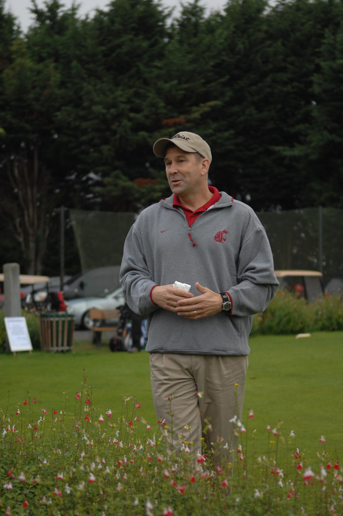 U.S. Air Force Brig. Gen. Christopher Bence, U.S. Air Forces in Europe U.K. commander, speaks to Airmen Aug. 9, 2013, before the start of the Focus on Mentorship golf tournament at the Breckland Pines Golf Club on RAF Lakenheath, England. Bence spoke about how mentorship, both formal and informal, is important in the Air Force. Bence, along with base leadership, played golf with, and mentored, Airmen throughout the day. (U.S. Air Force photo by Airman 1st Class Dillon Johnston/Released)
