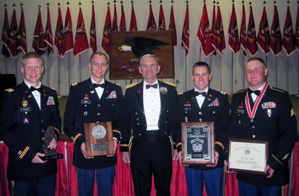 North Dakota National Guard Engineers pose with 2012 engineer awards presented at Fort Leonard Wood, Mo. on April 19, 2013.