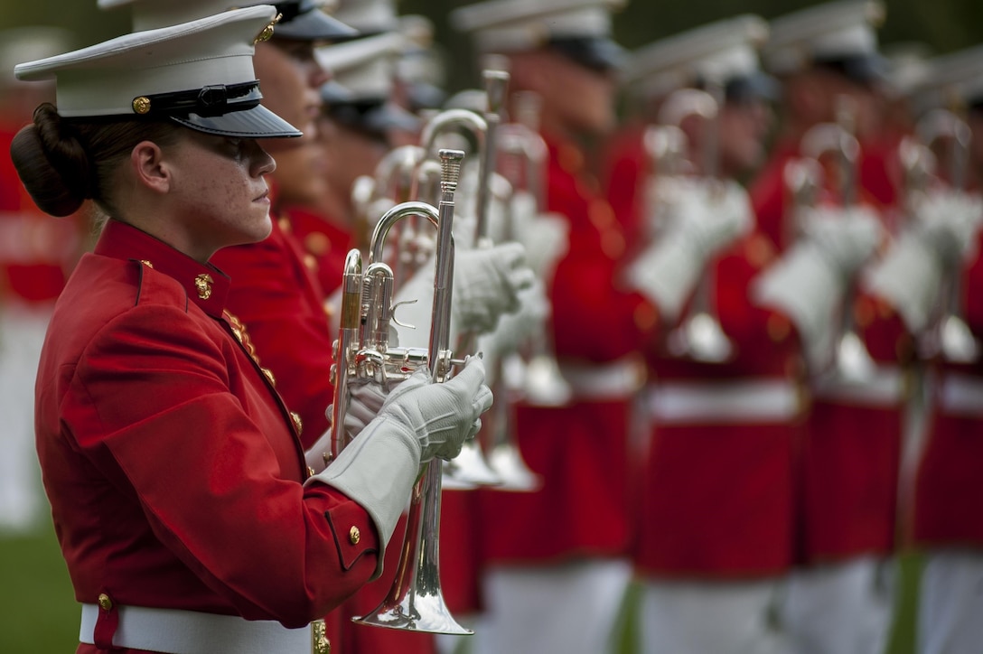 The U.S. Marine Drum & Bugle Corps performs during a Tuesday Sunset Parade at the Marine Corps War Memorial in Arlington, Va. Aug. 13.