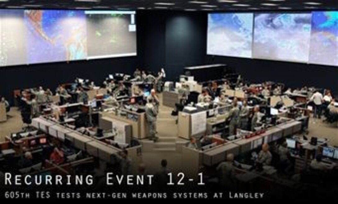 The Air Force's 605th Test and Evaluation Squadron conducted an elaborate hands-on evaluation of new software upgrades to the Air Force's AOC Weapons System during Recurring Event 12-1 at the Ryan Center's Combined Air and Space Operations Center-Experimental at Langley Air Force Base, Va., Aug. 5-9, 2013. The event put new and upgraded AOC-WS software elements through realistic simulations to determine the suitability and effectiveness of those products as it applies to joint warfighters serving the Joint Forces Air Component Commander (JFACC) in the theater of operations. (U.S. Air Force photo by Capt. Justin Brockhoff/U.S. Air Force graphic by Senior Airman Jason J. Brown)
