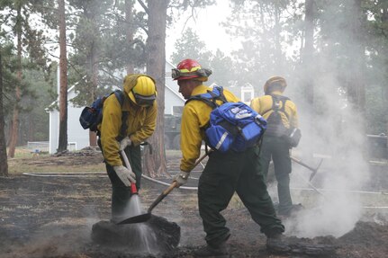 Soldiers from the 1157th Engineer Firefighter Company, Colorado National Guard, smother hot spots around residential areas in Colorado Springs, Colo., June 14, 2013. The Colorado National Guard has been supporting civil authorities fight the Black Forest fire since June 11.