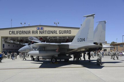 An Air Force F-15 Eagle sits on the ramp at the 144th Fighter Wing during a ceremony to welcome the first F-15 Eagle to the Fresno Air National Guard Base, Calif., June 18, 2013.