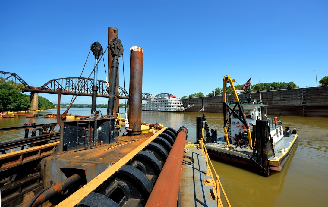 A unique perspective off the Dredge Bill Holman facing the Queen of the Mississippi riverboat. The dredge worked for the Louisville District on the Ohio River during July and August.