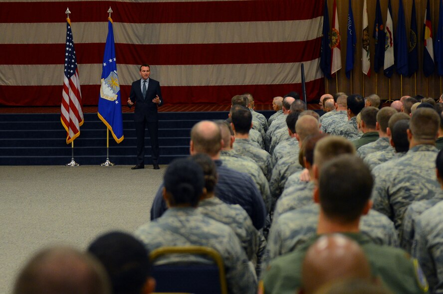 Acting Secretary of the Air Force Eric Fanning addresses Team Barksdale during an all-call on Barksdale Air Force Base, La., Aug. 14, 2013. During the meeting, Fanning spoke to Airmen about current issues affecting the military. (U.S. Air Force photo/Senior Airman Micaiah Anthony)