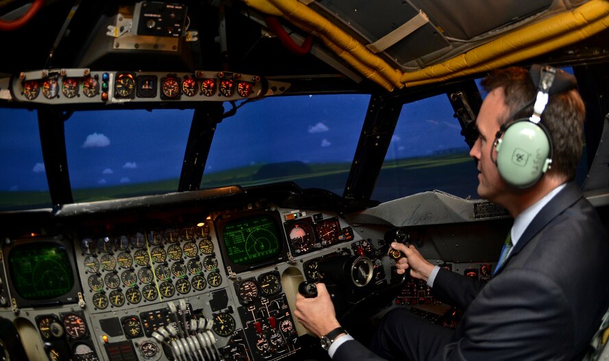 Acting Secretary of the Air Force Eric Fanning flies a B-52H Stratofortress simulator on Barksdale Air Force Base, La., Aug. 14, 2013. Fanning flew the simulator and toured the facilities to get an in-depth look at what it takes to fly and maintain a B-52. (U.S. Air Force photo/Senior Airman Micaiah Anthony)