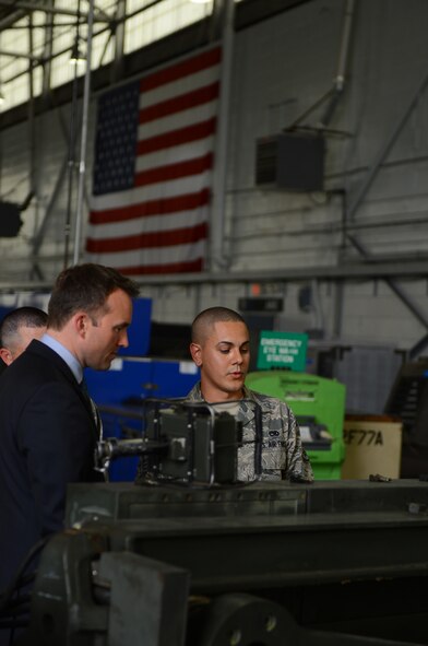 Staff Sgt. Nathaniel Hernandez, 2nd Maintenance Squadron aerospace ground equipment journeyman, shows Acting Secretary of the Air Force Eric Fanning a MHU-196/M munitions trailer on Barksdale Air Force Base, La., Aug. 14, 2013. Fanning met with several AGE Airmen to see how the unit maintains essential equipment and tools for the B-52H Stratofortress. (U.S. Air Force photo/Senior Airman Micaiah Anthony)