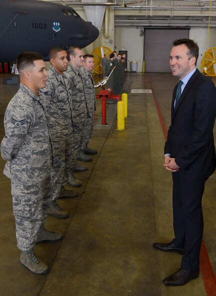 Acting Secretary of the Air Force Eric Fanning is greeted by Airmen from the 2nd Maintenance Squadron at the Phase Hangar during his visit to Barksdale Air Force Base, La., Aug. 14, 2013. Fanning met with dozens of Airmen from the 608th Air Operations Center, 2nd Communications Squadron, 2nd MXS aerospace ground equipment flight and several other squadrons to learn more about their mission here. (U.S. Air Force photo/Senior Airman Micaiah Anthony)