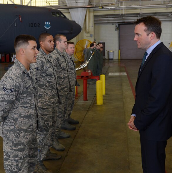 Acting Secretary of the Air Force Eric Fanning is greeted by Airmen from the 2nd Maintenance Squadron at the Phase Hangar during his visit to Barksdale Air Force Base, La., Aug. 14, 2013. Fanning met with dozens of Airmen from the 608th Air Operations Center, 2nd Communications Squadron, 2nd MXS aerospace ground equipment flight and several other squadrons to learn more about their mission here. (U.S. Air Force photo/Senior Airman Micaiah Anthony)