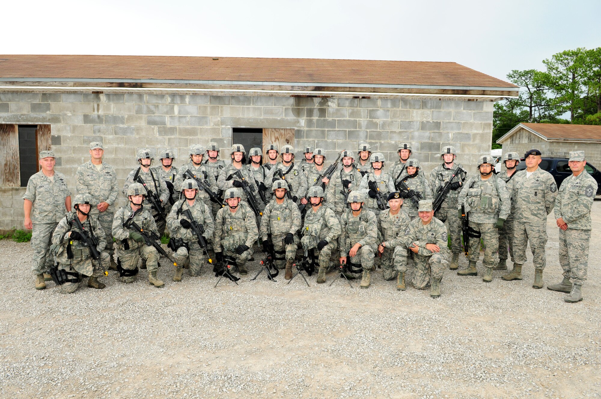 26 Security Forces Airmen from the 15th Fighter Wing, Madison, Wis., received final training at Eglin Air Force Base, Fla., Aug. 1313 and made final preparations for a six-month deployment to provide base defense at an undisclosed location in Southwest Asia.  The training is part of a 21-day program designed to give Airmen the latest in real world threats and prepare them for success while deployed.  Pictured here are the SFS Airmen in battle dress along with senior leadership who observed their  training, including Brig. Gen.  Gary Ebben, Wis. Assistant Adjutant General for Air, left, and Col. Jeffrey Wiegand, 115th FW commander to his right.  (Air National Guard photo by Staff Sgt. Ryan Roth)