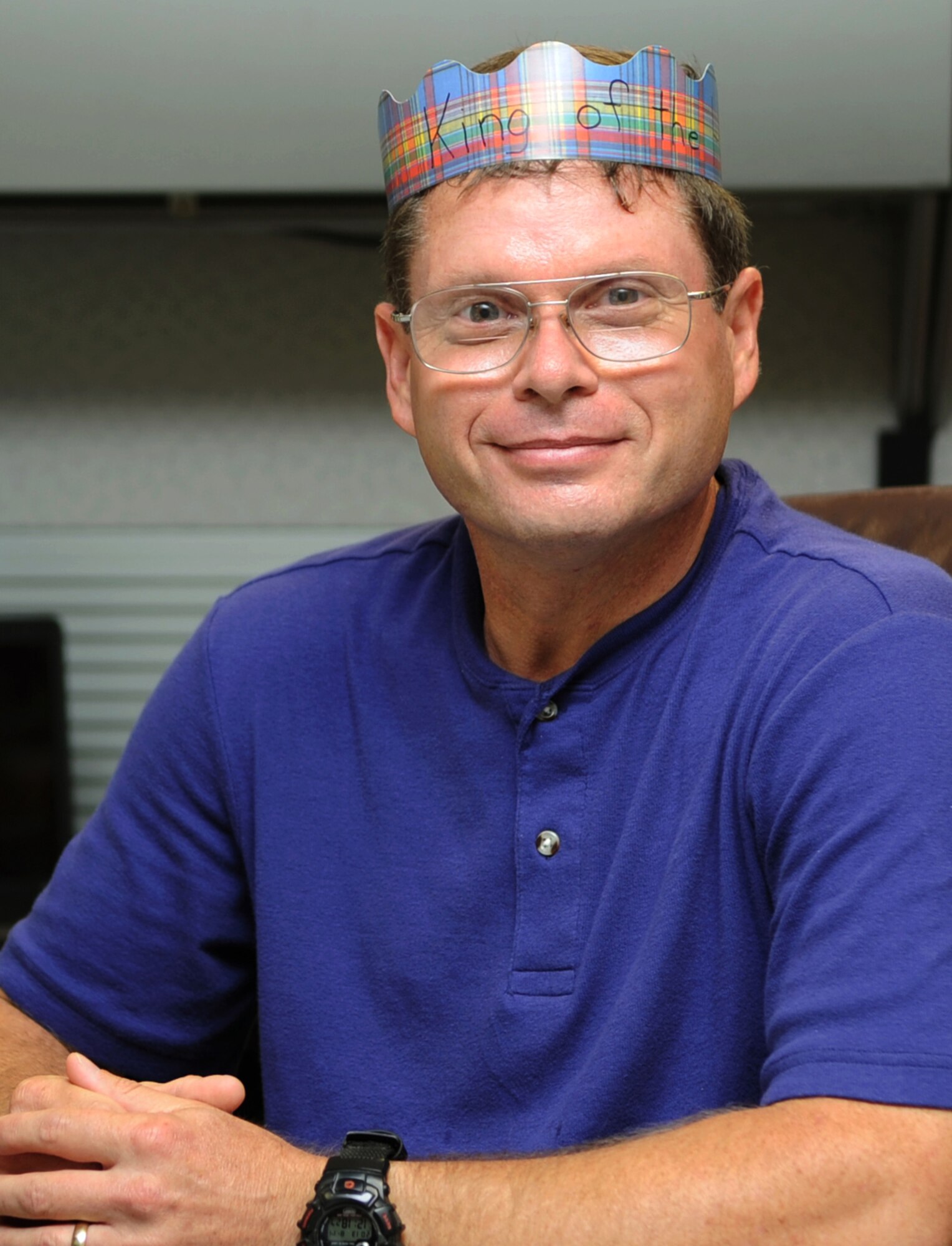 Tom Wade, an information technology specialist with the 71st Force Support Squadron at Vance AFB, Okla., was named the individual participation winner in the Air Education and Training Command’s “King of the Hill” game. His office presented him with a crown to celebrate. (U.S. Air Force photo/ Mark Harrell)