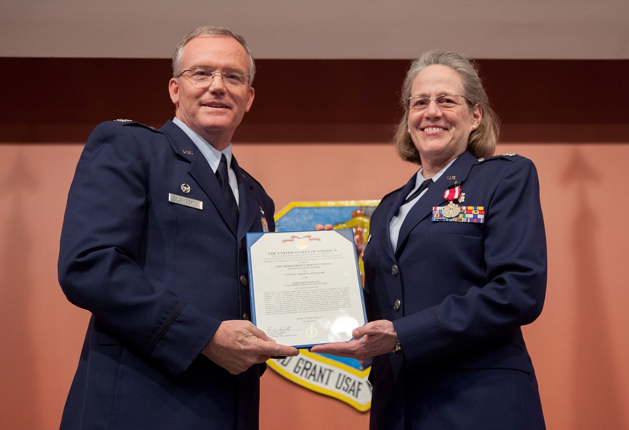 TRAVIS AIR FORCE BASE, Calif. -- Col. Térèse D. LeFrançois, former commander of the 349th Aerospace Medicine Squadron, was honored by friends and family in a retirement ceremony Aug. 11, 2013 at David Grant Medical Center, Travis Air Force Base, Calif. (U.S. Air Force photo / Lt. Col. Robert Couse-Baker)