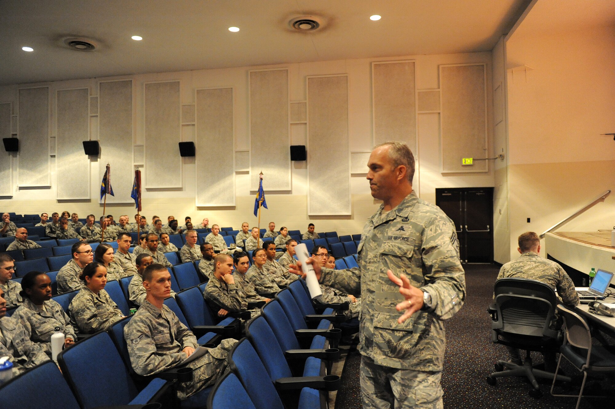 Chief Master Sgt. Martin Klukas, U.S. Transportation Command senior enlisted leader, speaks to Airmen about personal and professional development Aug. 7 during the First Four Annual Leadership Conference. (U.S. Air Force Photo/Airman 1st Class Joshua Eikren)
