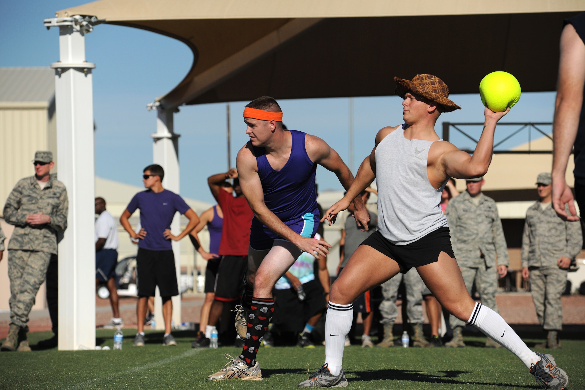LAS VEGAS, Nev. -- Airmen from the 432nd Wing/ 432nd Air Expeditionary Wing gathered into 13 teams and played a dodge ball tournament to kickoff the wing’s Comprehensive Airmen Fitness Day, Aug. 9, 2013. Every team consisted of a theme to help make the experience fun for both players and spectators alike. (U.S. Air Force photo by Staff Sgt. N.B./released)