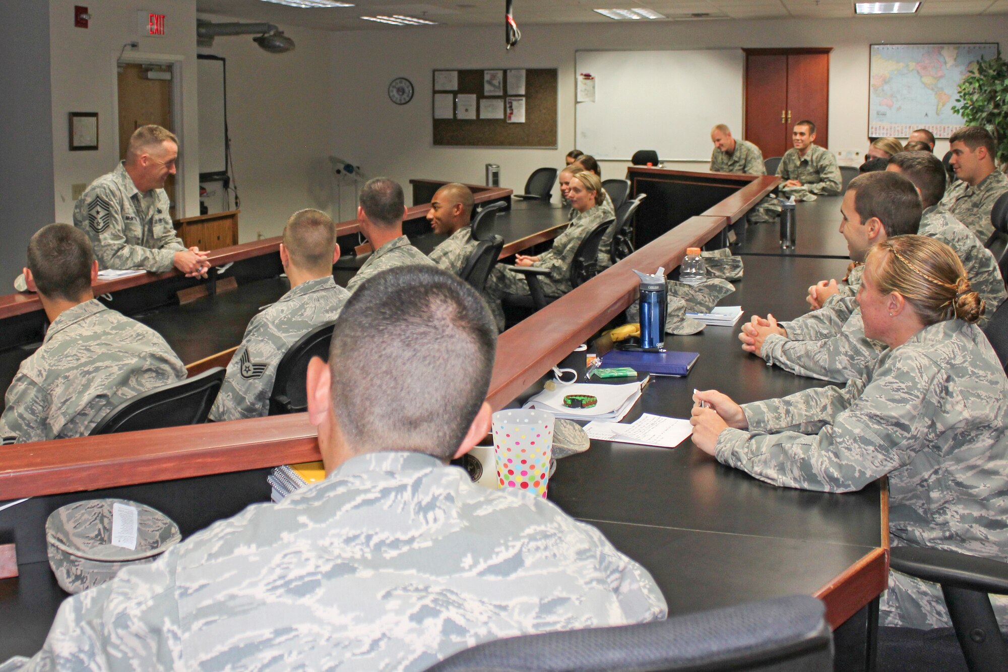 VANDENBERG AIR FORCE BASE, Calif. – Chief Master Sgt. Douglas McIntyre, Air Force Space Command command chief, speaks with members of the 381st Training Group here Wednesday, July 31, 2013. McIntyre spoke about the modern Air Force environment and future expectancies, a major theme during his tour at Vandenberg AFB. (U.S. Air Force photo/Tech. Sgt. Mercury Guemo)