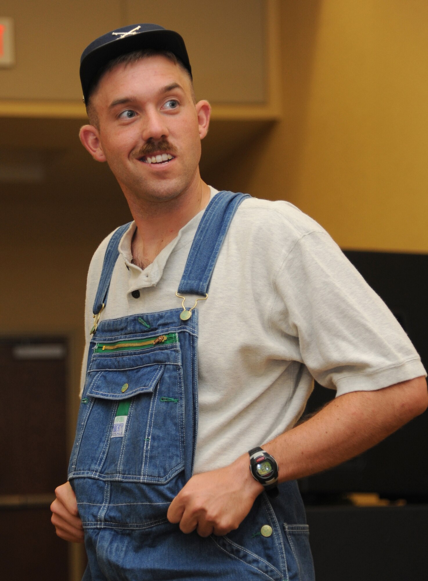 Airman 1st Class Seth Balla, 338th Training Squadron, rehearses his lines as Montgomery Pinkey for the murder mystery dinner theater performance, “Frankly, Scarlett, You’re Dead!” on Aug. 6, 2013, at the Bay Breeze Event Center, Keesler Air Force Base, Miss. The performance is schedule for Aug., 23-24, in the ballroom at the Bay Breeze Event Center.  (U.S. Air Force photo by Kemberly Groue)
