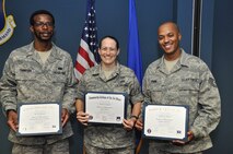 From left to right: Tech. Sgt. Ben Thompson, Master Sgt. Wendy Lopedote and Tech. Sgt. Samaad Bynum were awarded their Community College of the Air Force degrees during a ceremony held on the August drill weekend. (USAF photo by SSgt. Mark Thompson, 916ARW/PA)