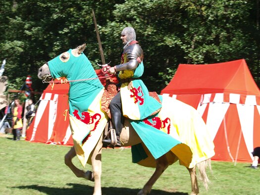 SPANGDAHLEM AIR BASE, Germany-- A "Loewenritter" on his horse, dressed in armor, prepares for a jousting tournament at the annual Manderscheid castle festival Aug. 24-25. Performances by buffoons, jugglers and fire eaters can be seen on both days of the festival. Other highlights include blacksmith works, lantern craftsman, a flower arranger and others demonstrating their skills and products, all with a medieval theme. (Courtesy photo)