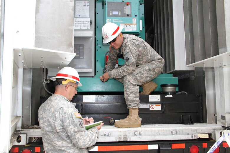 Staff Sgt. Henry Howell and Sgt. Nathaniel Boecker of Headquarters and Headquarters Company, 249th Engineer Battalion, inspect generators at the Ocean Bay Public Housing complex. The 249th installed over 200 generators, providing 54 MW of emergency temporary power to critical infrastructure after Hurricane Sandy pummeled the northeastern United States in October 2012.