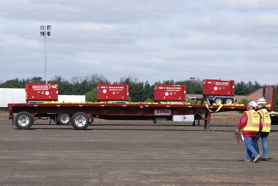 Members of Task Force Power stage and prepare generators in central New Jersey for deployment in their Emergency Temporary Power mission following Hurricane Sandy.