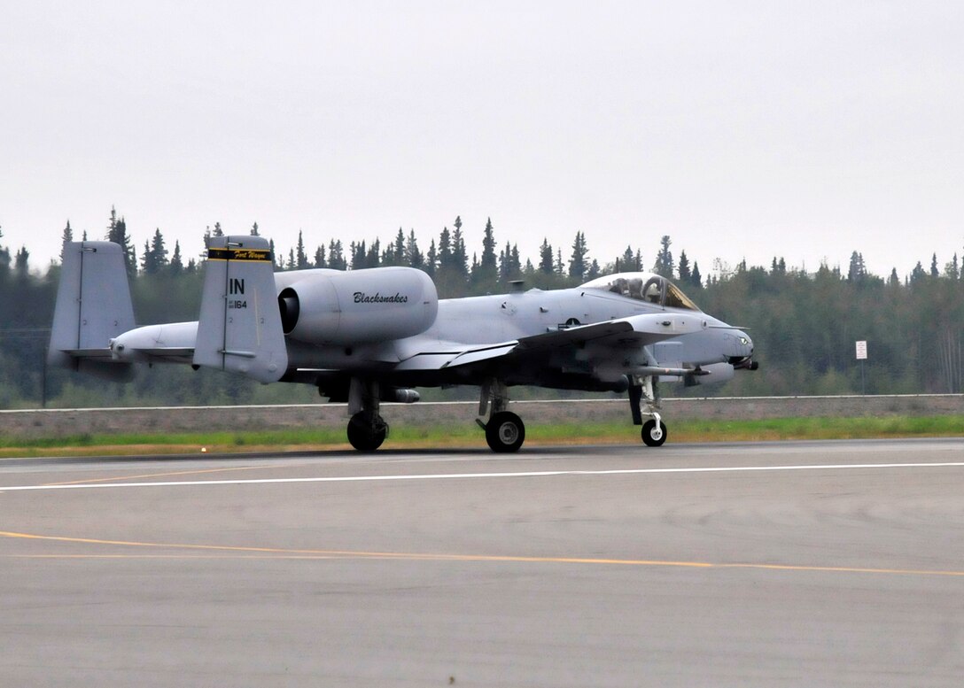 A-10 Thunderbolt aircraft, 122nd Fighter Wing, 163rd Fighter Squadron, Indiana Air National Guard, Ft. Wayne, Ind. taxi and take-off as part of RED FLAG-Alaska 13-3, Aug. 12, 2013, Eielson Air Force Base, Alaska. (U.S. Air Force photo by Staff Sgt. Kirsten Wicker/Released)