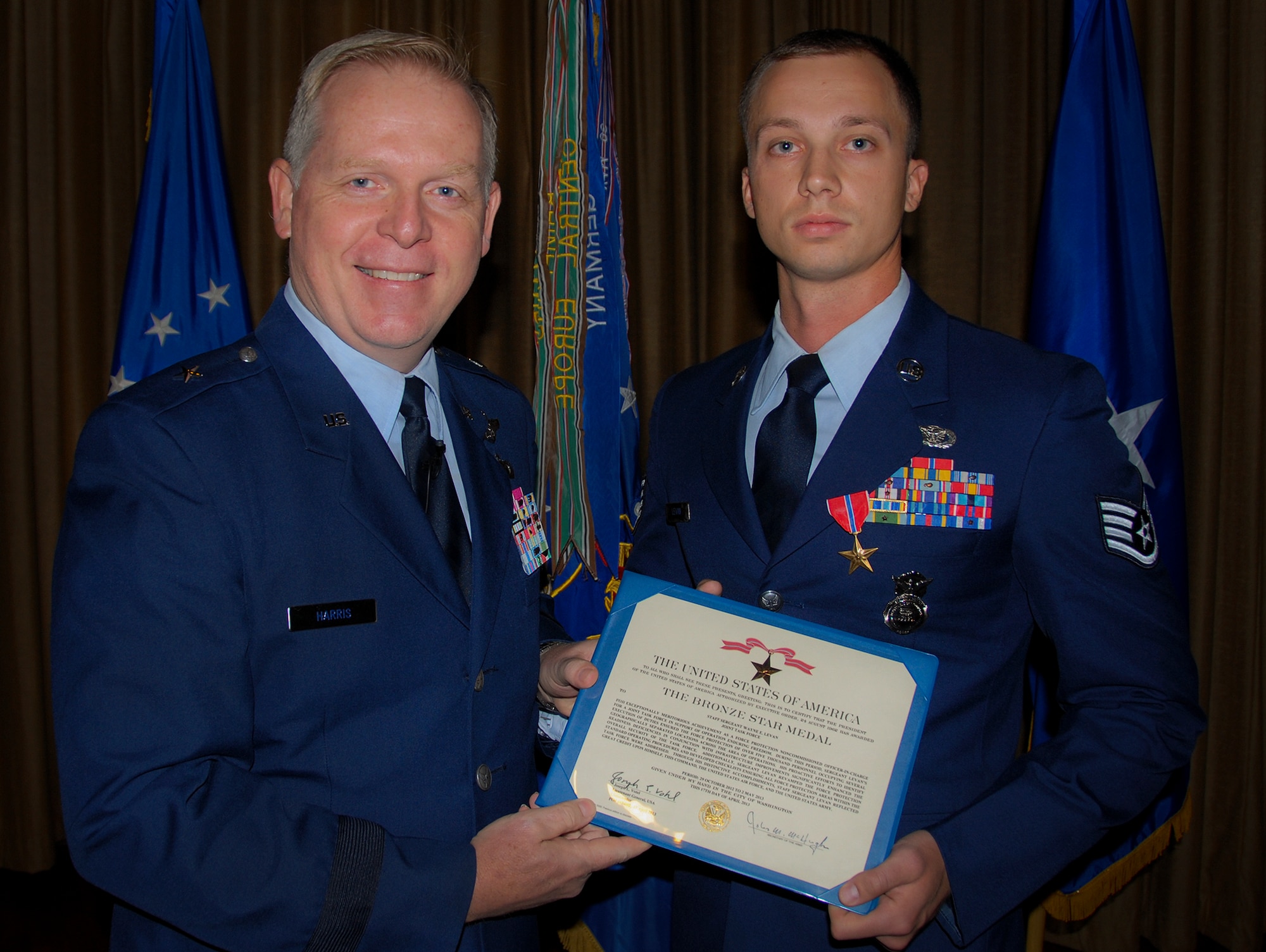Staff Sgt. Wayne E. Levan, an instructor with the 96th Ground Combat Training Squadron, was awarded the Bronze Star Aug. 15 at Eglin Air Force Base, Fla.  He was honored for meritorious service as a Force Protection non-commissioned officer-in-charge while deployed in support of Operation Enduring Freedom with a special operations joint task force in Afghanistan. According to the medal certificate, Levan’s execution of his duties ensured the force protection of more than 5,000 personnel occupying several geographically separated locations across the area of operations.  His proactive efforts to identify readiness deficiencies in conjunction with infrastructure improvements significantly enhanced the overall security of the task force.  (U.S. Air Force photo/Kevin Gaddie)