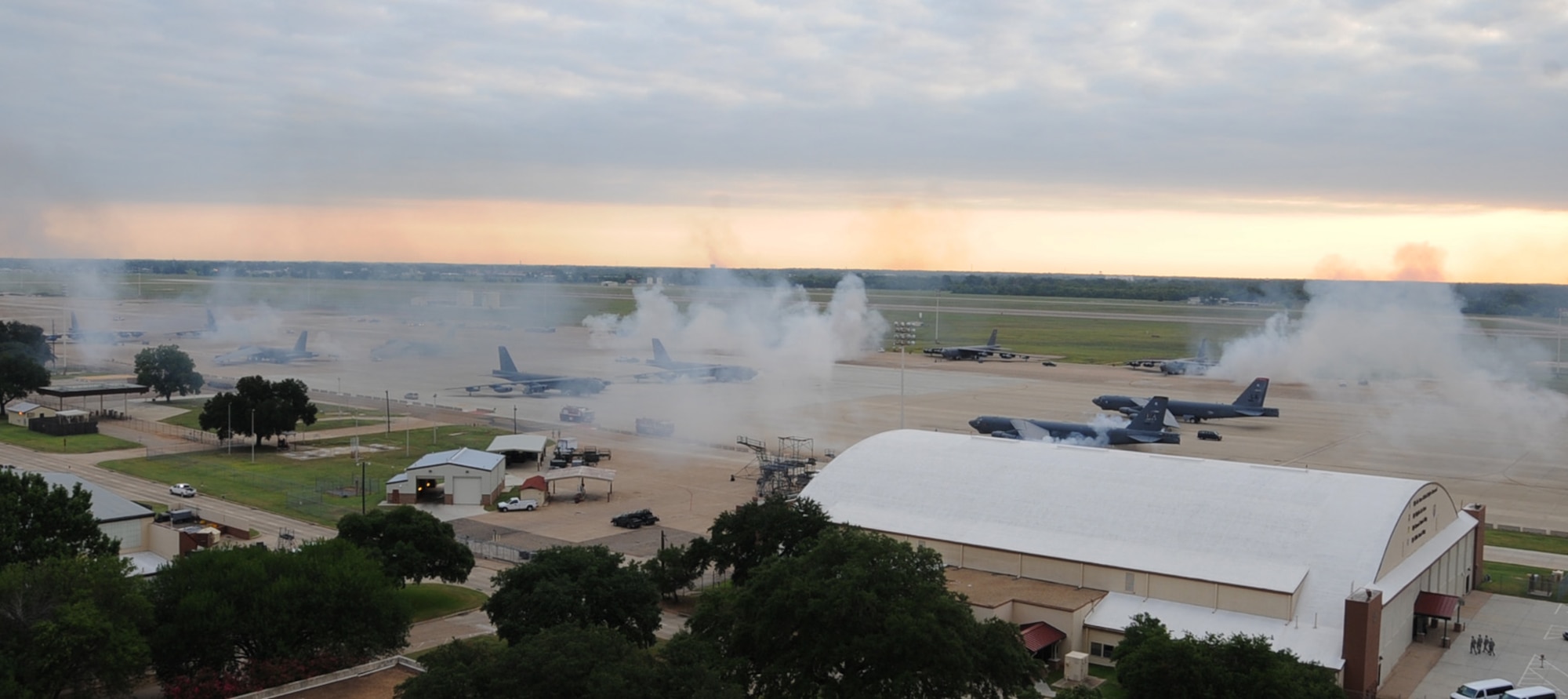 B-52H Stratofortress crews executed a minimum interval takeoff on Barksdale Air Force Base, Aug. 15, 2013. Starter cartridges, filled with gun powder, are used during this takeoff instead of the standard compressed air takeoff. The B-52 has served in every conflict since the Vietnam War. (U.S. Air Force photo/Senior Airman Sean Martin)