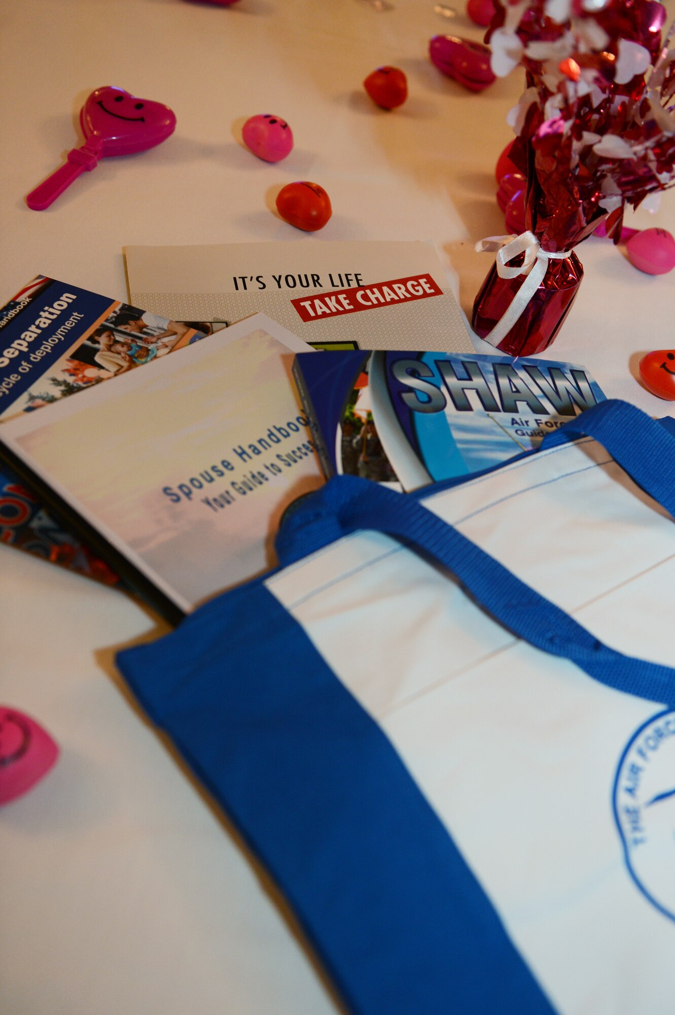 Multiple books were given to the spouses to take home during an orientation for spouses, called Heart Link, at the Carolina Skies Club and Conference Center at Shaw Air Force Base, S.C., Aug. 13, 2013. The books included “Life in the U.S. Air Force,” “Spouse Handbook: Your Guide to Success,” a Shaw telephone book and “Coping with Separation.” (U.S. Air Force photo by Airman 1st Class Krystal M. Jeffers/Released)