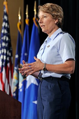 Lt. Gen. Michelle Johnson speaks to Airmen in Arnold Hall at the Air Force Academy Aug. 14, 2013, during her first superintendent's call. Johnson is the Academy's 19th superintendent and a command pilot with more than 3,600 flying hours. (U.S. Air Force photo/Sarah Chambers)