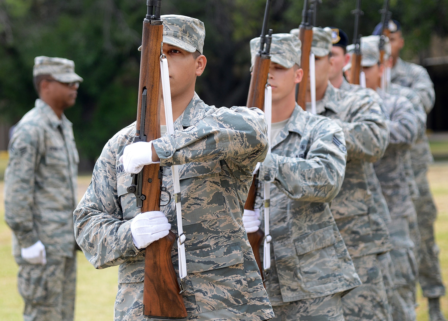 Joint Base San Antonio Honor Guard riflemen practice a 21-gun salute Aug. 8 at JBSA-Lackland. Honor guards from JBSA-Lackland and JBSA-Randolph were recently consolidated. (U.S. Air Force photo by Benjamin Faske/ Released)