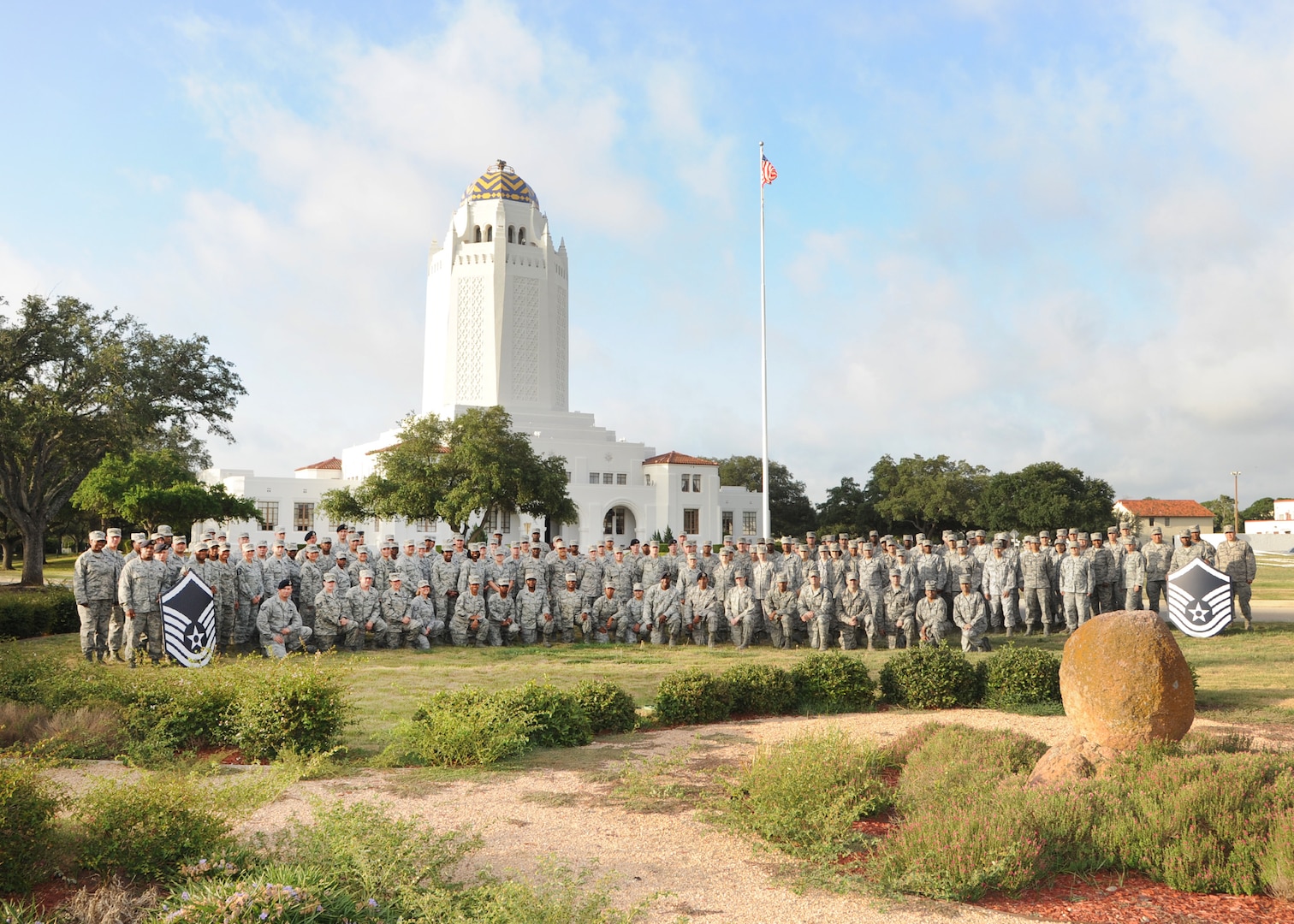 Joint Base San Antonio members who attended the five-day Senior NCO Professional Enhancement Seminar Aug. 5-9 gather Aug. 6 in front of the JBSA-Randolph Taj Mahal. The seminar is designed to  augment and reinforce information taught in Basic Military Training, technical training, ancillary training, professional military education and job experience. The SNCO PES is also designed to provide newly selected master sergeants with an in-depth view of their increased supervisory, leadership and managerial responsibilities, and provides assistance in making the transition to SNCO status more effective. The seminar was conducted for all master sergeant selects and newly selected master sergeants. courtesy photo)

