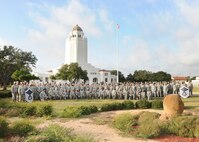 Joint Base San Antonio members who attended the five-day Senior NCO Professional Enhancement Seminar Aug. 5-9 gather Aug. 6 in front of the JBSA-Randolph Taj Mahal. The seminar is designed to  augment and reinforce information taught in Basic Military Training, technical training, ancillary training, professional military education and job experience. The SNCO PES is also designed to provide newly selected master sergeants with an in-depth view of their increased supervisory, leadership and managerial responsibilities, and provides assistance in making the transition to SNCO status more effective. The seminar was conducted for all master sergeant selects and newly selected master sergeants. courtesy photo)

