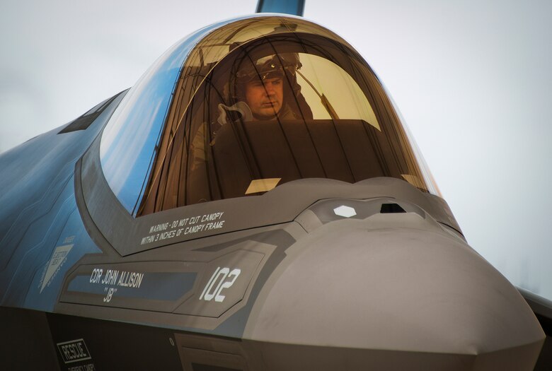 Lt. Cdr. Chris Tabert pilots the first F-35C Lightning II flight at Eglin Air Force Base Aug. 14. Before arriving to U.S. Navy F-35 Strike Fighter Squadron VFA 101 in February, he served as a test pilot for the joint strike fighter program at Naval Air Station Patuxent River. He will become the squadron's first instructor pilot and join a collocated team of Marine, Navy, Air Force and international partners training here.  (U.S. Air Force photo/Samuel King Jr.)