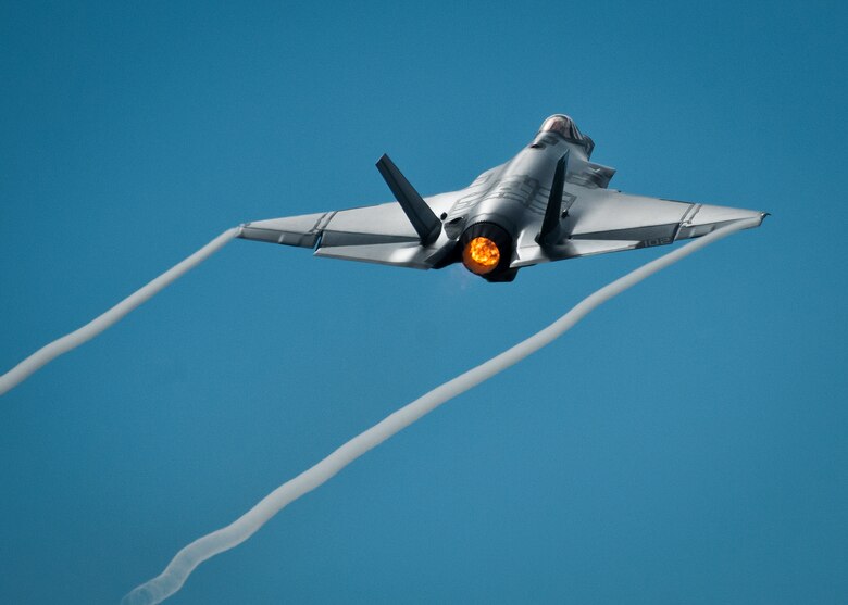 The first F-35C Lightning II sortie takes off from the U.S. Navy F-35 Strike Fighter Squadron VFA 101 at Eglin Air Force Base, Fla. Aug. 14.  Sailors have been on station for two years ready for the day they would launch a carrier variant of the military's joint strike fighter. The Navy's first pilot training course at Eglin was concluded in January and the second course began June with seven pilots soon to begin training flight operations in two of the squadron's F-35Cs.  (U.S. Air Force photo/Samuel King Jr.)