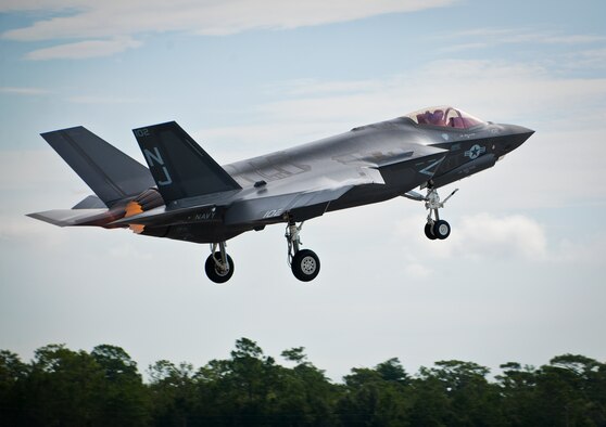 The first F-35C Lightning II sortie takes off from the U.S. Navy F-35 Strike Fighter Squadron VFA 101 at Eglin Air Force Base, Fla. Aug. 14.  Sailors have been on station for two years ready for the day they would launch a carrier variant of the military's joint strike fighter. The Navy's first pilot training course at Eglin was concluded in January and the second course began June with seven pilots soon to begin training flight operations in two of the squadron's F-35Cs.  (U.S. Air Force photo/Samuel King Jr.)