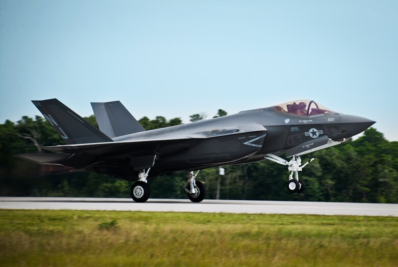 The first F-35C Lightning II sortie takes off from the U.S. Navy F-35 Strike Fighter Squadron VFA 101 at Eglin Air Force Base, Fla. Aug. 14.  Sailors have been on station for two years ready for the day they would launch a carrier variant of the military's joint strike fighter. The Navy's first pilot training course at Eglin was concluded in January and the second course began June with seven pilots soon to begin training flight operations in two of the squadron's F-35Cs.  (U.S. Air Force photo/Samuel King Jr.)