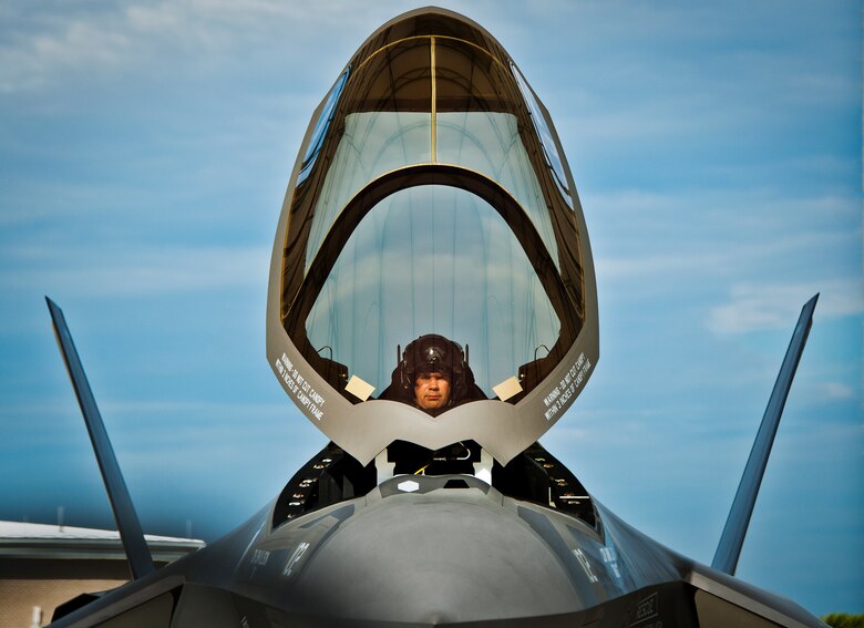 Lt. Cdr. Chris Tabert pilots the first F-35C Lightning II flight at Eglin Air Force Base Aug. 14. Before arriving to U.S. Navy F-35 Strike Fighter Squadron VFA 101 in February, he served as a test pilot for the joint strike fighter program at Naval Air Station Patuxent River. He will become the squadron's first instructor pilot and join a collocated team of Marine, Navy, Air Force and international partners training here.  (U.S. Air Force photo/Samuel King Jr.) 
